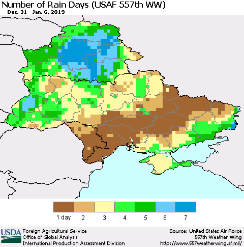 Ukraine, Moldova and Belarus Number of Rain Days (USAF 557th WW) Thematic Map For 12/31/2018 - 1/6/2019