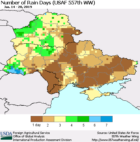Ukraine, Moldova and Belarus Number of Rain Days (USAF 557th WW) Thematic Map For 1/14/2019 - 1/20/2019
