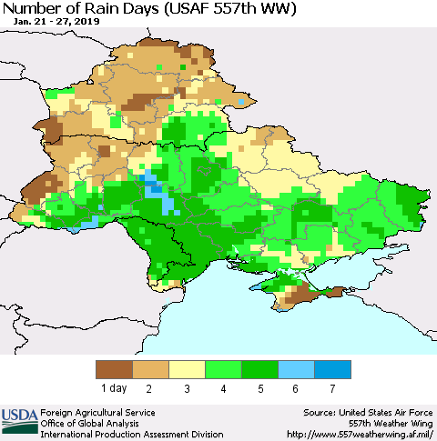 Ukraine, Moldova and Belarus Number of Rain Days (USAF 557th WW) Thematic Map For 1/21/2019 - 1/27/2019