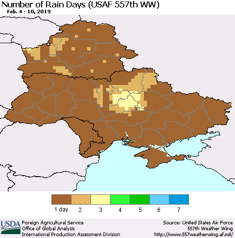 Ukraine, Moldova and Belarus Number of Rain Days (USAF 557th WW) Thematic Map For 2/4/2019 - 2/10/2019