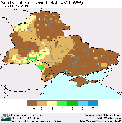 Ukraine, Moldova and Belarus Number of Rain Days (USAF 557th WW) Thematic Map For 2/11/2019 - 2/17/2019