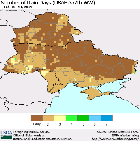 Ukraine, Moldova and Belarus Number of Rain Days (USAF 557th WW) Thematic Map For 2/18/2019 - 2/24/2019