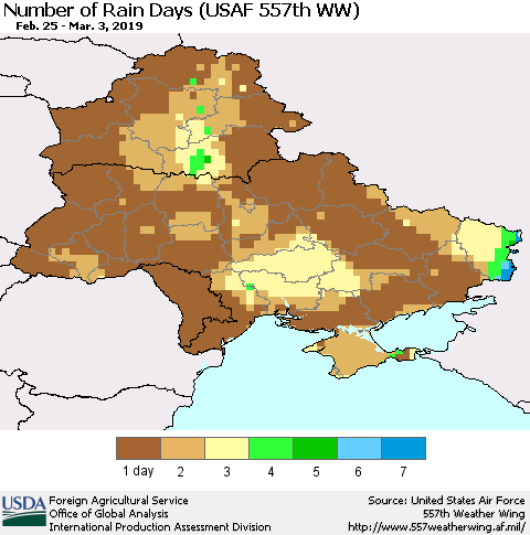 Ukraine, Moldova and Belarus Number of Rain Days (USAF 557th WW) Thematic Map For 2/25/2019 - 3/3/2019
