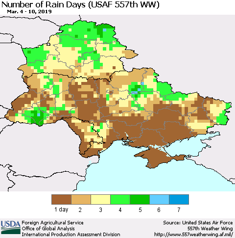 Ukraine, Moldova and Belarus Number of Rain Days (USAF 557th WW) Thematic Map For 3/4/2019 - 3/10/2019