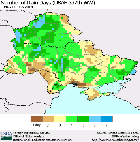 Ukraine, Moldova and Belarus Number of Rain Days (USAF 557th WW) Thematic Map For 3/11/2019 - 3/17/2019