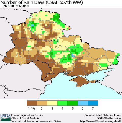 Ukraine, Moldova and Belarus Number of Rain Days (USAF 557th WW) Thematic Map For 3/18/2019 - 3/24/2019