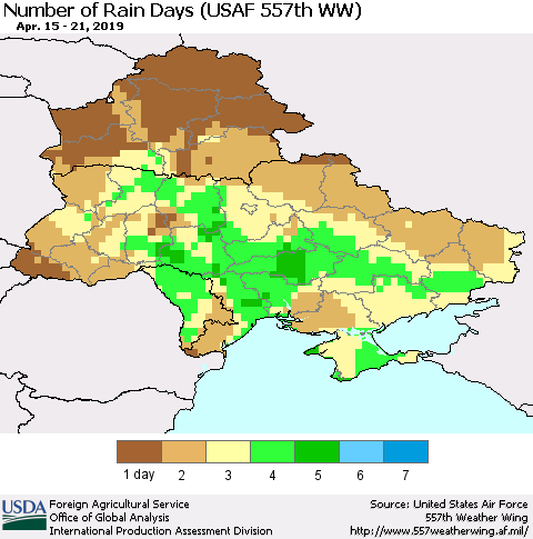 Ukraine, Moldova and Belarus Number of Rain Days (USAF 557th WW) Thematic Map For 4/15/2019 - 4/21/2019