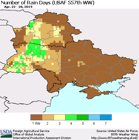 Ukraine, Moldova and Belarus Number of Rain Days (USAF 557th WW) Thematic Map For 4/22/2019 - 4/28/2019