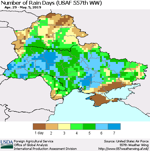 Ukraine, Moldova and Belarus Number of Rain Days (USAF 557th WW) Thematic Map For 4/29/2019 - 5/5/2019