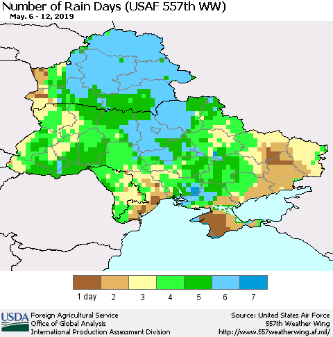 Ukraine, Moldova and Belarus Number of Rain Days (USAF 557th WW) Thematic Map For 5/6/2019 - 5/12/2019