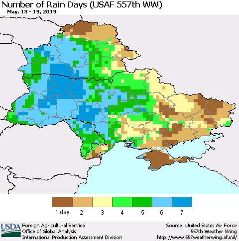 Ukraine, Moldova and Belarus Number of Rain Days (USAF 557th WW) Thematic Map For 5/13/2019 - 5/19/2019