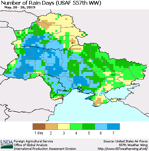 Ukraine, Moldova and Belarus Number of Rain Days (USAF 557th WW) Thematic Map For 5/20/2019 - 5/26/2019