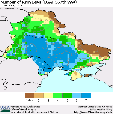 Ukraine, Moldova and Belarus Number of Rain Days (USAF 557th WW) Thematic Map For 6/3/2019 - 6/9/2019