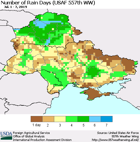 Ukraine, Moldova and Belarus Number of Rain Days (USAF 557th WW) Thematic Map For 7/1/2019 - 7/7/2019