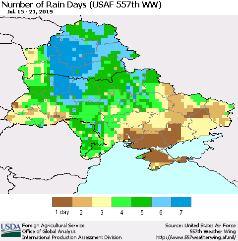 Ukraine, Moldova and Belarus Number of Rain Days (USAF 557th WW) Thematic Map For 7/15/2019 - 7/21/2019