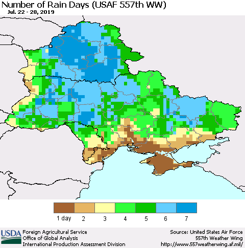Ukraine, Moldova and Belarus Number of Rain Days (USAF 557th WW) Thematic Map For 7/22/2019 - 7/28/2019