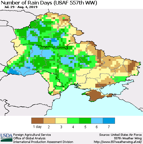 Ukraine, Moldova and Belarus Number of Rain Days (USAF 557th WW) Thematic Map For 7/29/2019 - 8/4/2019