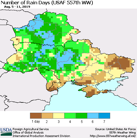 Ukraine, Moldova and Belarus Number of Rain Days (USAF 557th WW) Thematic Map For 8/5/2019 - 8/11/2019