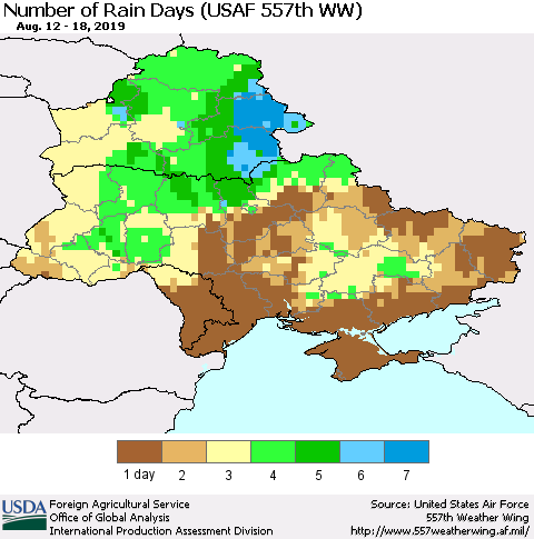 Ukraine, Moldova and Belarus Number of Rain Days (USAF 557th WW) Thematic Map For 8/12/2019 - 8/18/2019