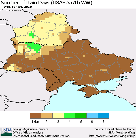 Ukraine, Moldova and Belarus Number of Rain Days (USAF 557th WW) Thematic Map For 8/19/2019 - 8/25/2019