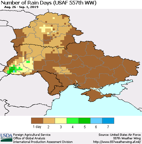 Ukraine, Moldova and Belarus Number of Rain Days (USAF 557th WW) Thematic Map For 8/26/2019 - 9/1/2019