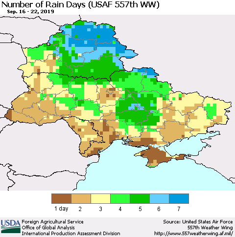 Ukraine, Moldova and Belarus Number of Rain Days (USAF 557th WW) Thematic Map For 9/16/2019 - 9/22/2019