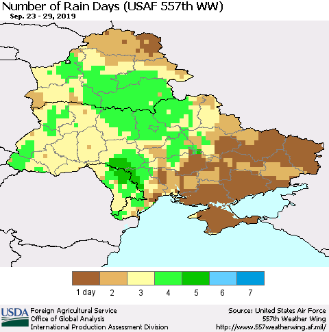 Ukraine, Moldova and Belarus Number of Rain Days (USAF 557th WW) Thematic Map For 9/23/2019 - 9/29/2019