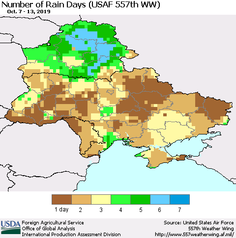 Ukraine, Moldova and Belarus Number of Rain Days (USAF 557th WW) Thematic Map For 10/7/2019 - 10/13/2019