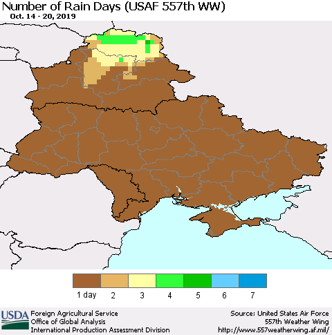 Ukraine, Moldova and Belarus Number of Rain Days (USAF 557th WW) Thematic Map For 10/14/2019 - 10/20/2019