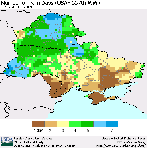 Ukraine, Moldova and Belarus Number of Rain Days (USAF 557th WW) Thematic Map For 11/4/2019 - 11/10/2019