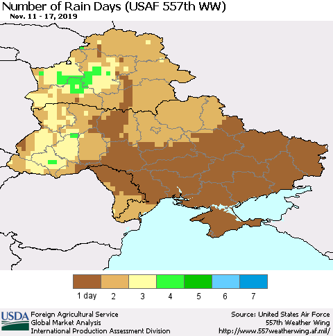 Ukraine, Moldova and Belarus Number of Rain Days (USAF 557th WW) Thematic Map For 11/11/2019 - 11/17/2019
