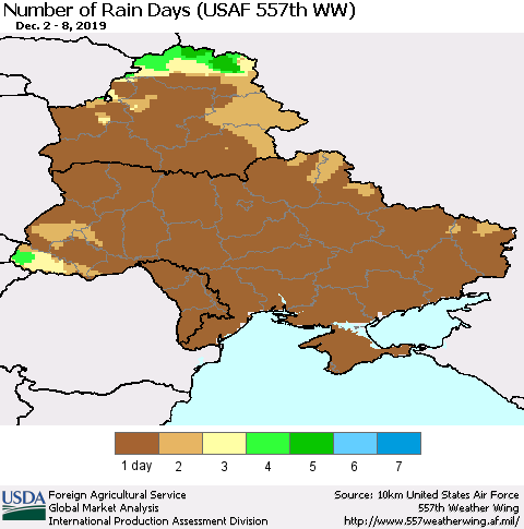 Ukraine, Moldova and Belarus Number of Rain Days (USAF 557th WW) Thematic Map For 12/2/2019 - 12/8/2019