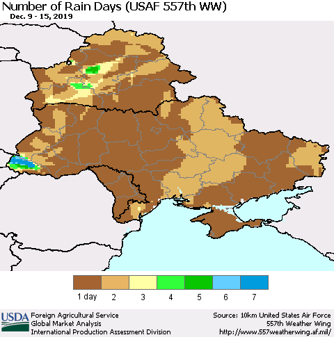 Ukraine, Moldova and Belarus Number of Rain Days (USAF 557th WW) Thematic Map For 12/9/2019 - 12/15/2019