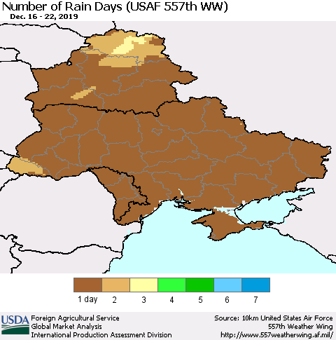 Ukraine, Moldova and Belarus Number of Rain Days (USAF 557th WW) Thematic Map For 12/16/2019 - 12/22/2019