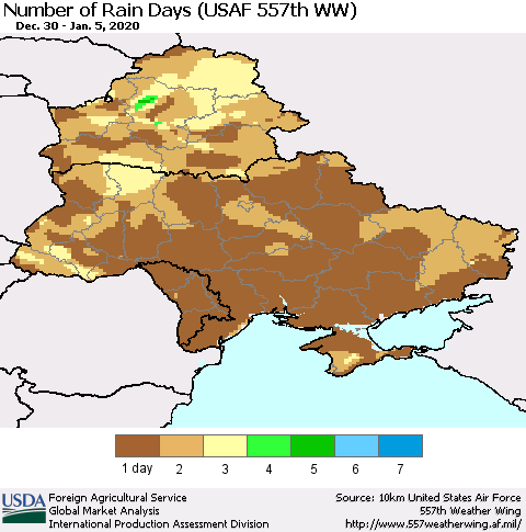 Ukraine, Moldova and Belarus Number of Rain Days (USAF 557th WW) Thematic Map For 12/30/2019 - 1/5/2020