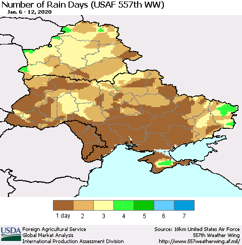 Ukraine, Moldova and Belarus Number of Rain Days (USAF 557th WW) Thematic Map For 1/6/2020 - 1/12/2020