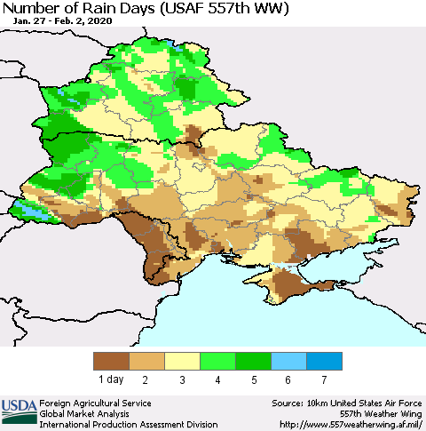 Ukraine, Moldova and Belarus Number of Rain Days (USAF 557th WW) Thematic Map For 1/27/2020 - 2/2/2020