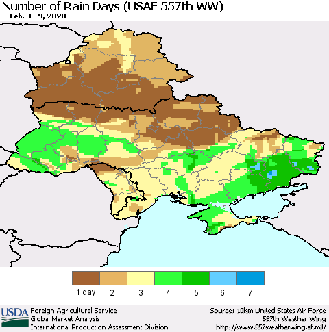Ukraine, Moldova and Belarus Number of Rain Days (USAF 557th WW) Thematic Map For 2/3/2020 - 2/9/2020