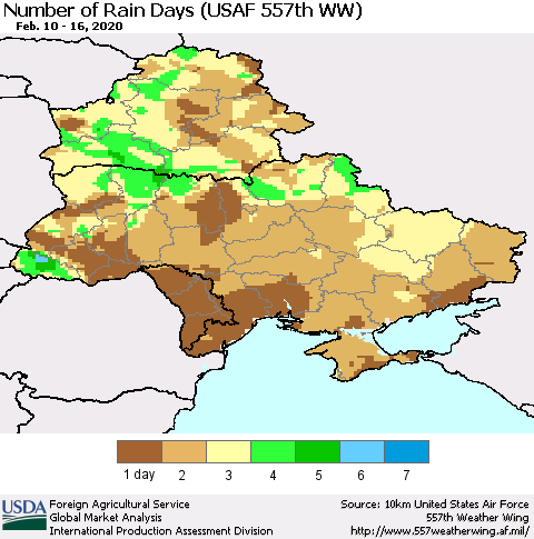 Ukraine, Moldova and Belarus Number of Rain Days (USAF 557th WW) Thematic Map For 2/10/2020 - 2/16/2020