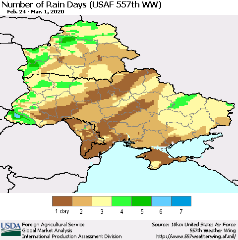 Ukraine, Moldova and Belarus Number of Rain Days (USAF 557th WW) Thematic Map For 2/24/2020 - 3/1/2020