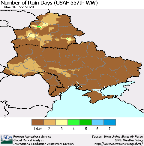 Ukraine, Moldova and Belarus Number of Rain Days (USAF 557th WW) Thematic Map For 3/16/2020 - 3/22/2020