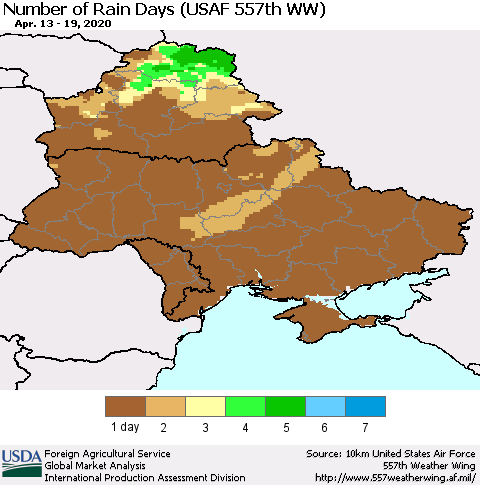 Ukraine, Moldova and Belarus Number of Rain Days (USAF 557th WW) Thematic Map For 4/13/2020 - 4/19/2020
