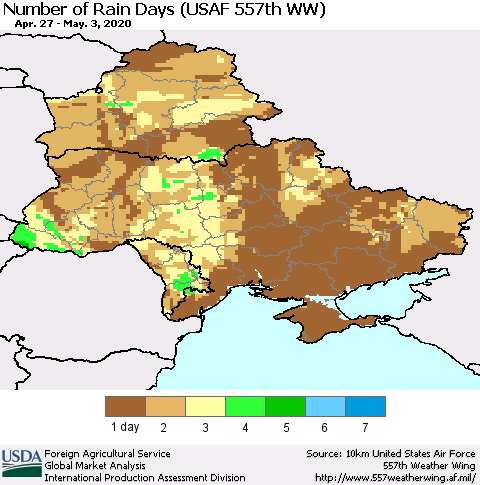 Ukraine, Moldova and Belarus Number of Rain Days (USAF 557th WW) Thematic Map For 4/27/2020 - 5/3/2020