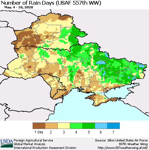 Ukraine, Moldova and Belarus Number of Rain Days (USAF 557th WW) Thematic Map For 5/4/2020 - 5/10/2020