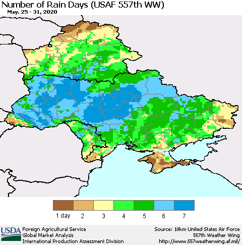 Ukraine, Moldova and Belarus Number of Rain Days (USAF 557th WW) Thematic Map For 5/25/2020 - 5/31/2020