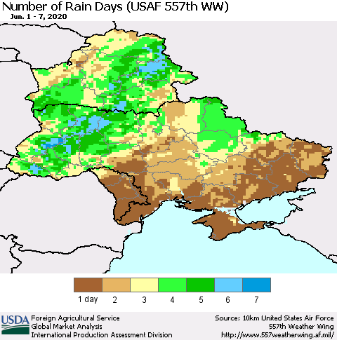 Ukraine, Moldova and Belarus Number of Rain Days (USAF 557th WW) Thematic Map For 6/1/2020 - 6/7/2020
