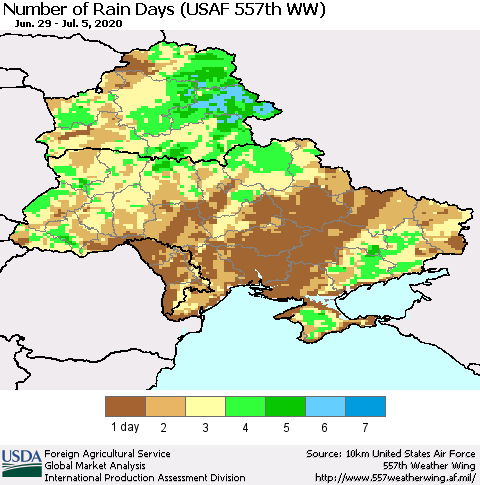 Ukraine, Moldova and Belarus Number of Rain Days (USAF 557th WW) Thematic Map For 6/29/2020 - 7/5/2020
