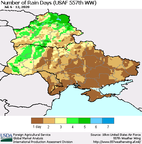 Ukraine, Moldova and Belarus Number of Rain Days (USAF 557th WW) Thematic Map For 7/6/2020 - 7/12/2020