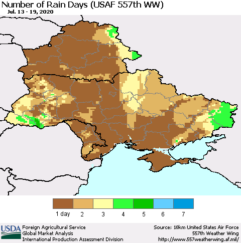 Ukraine, Moldova and Belarus Number of Rain Days (USAF 557th WW) Thematic Map For 7/13/2020 - 7/19/2020