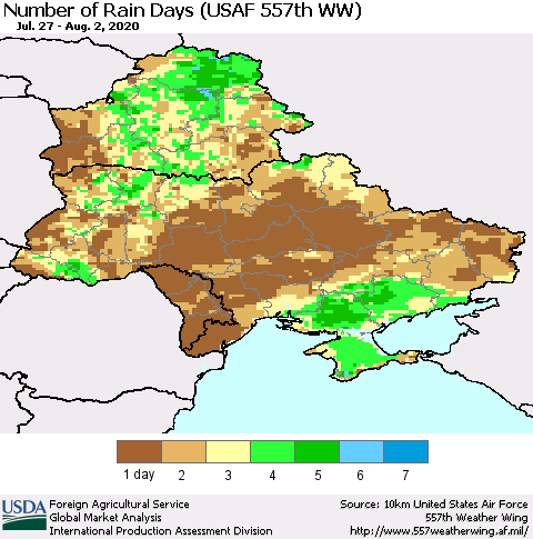 Ukraine, Moldova and Belarus Number of Rain Days (USAF 557th WW) Thematic Map For 7/27/2020 - 8/2/2020